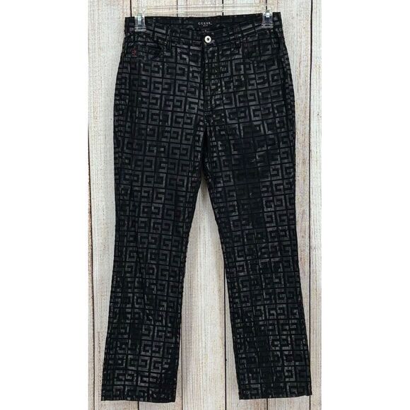 Vintage Guess Glamour Pants Size 29 Black‎ Textured G Logo Shiny Monogram Print - Picture 1 of 7